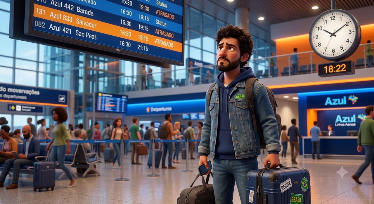 Passageiro aguardando voo atrasado Azul no aeroporto