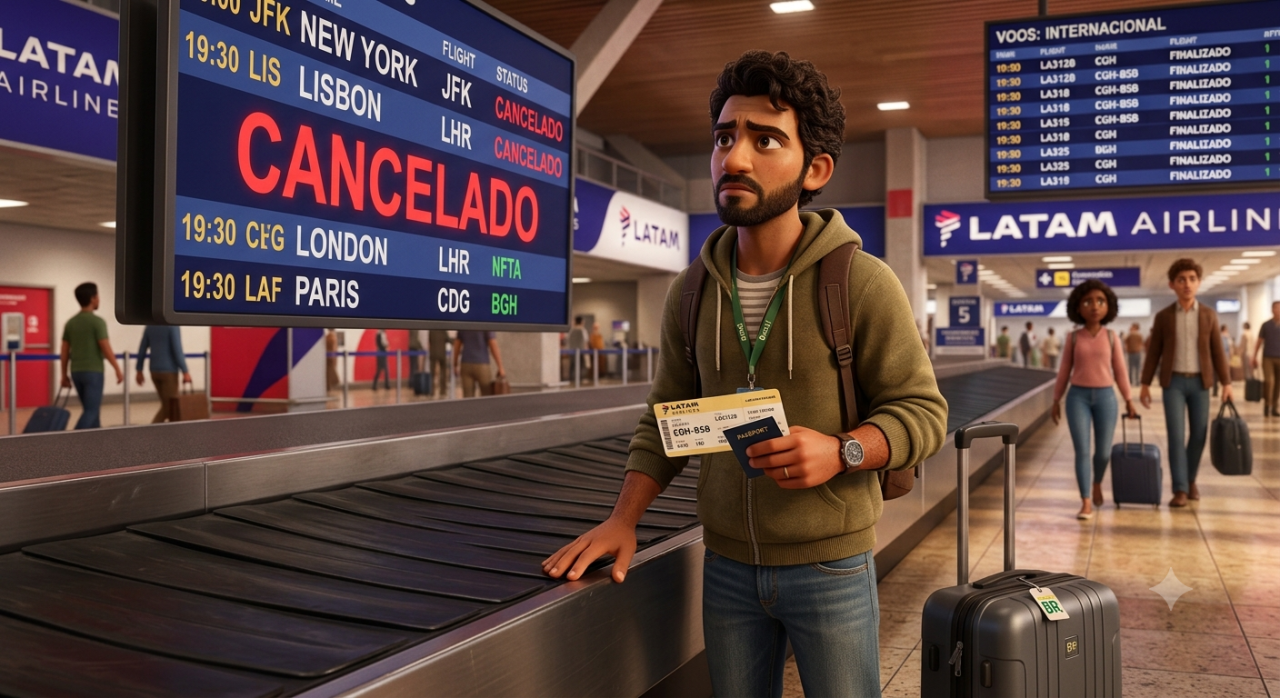 Passageiro com bagagem vendo painel de voo internacional cancelado no aeroporto