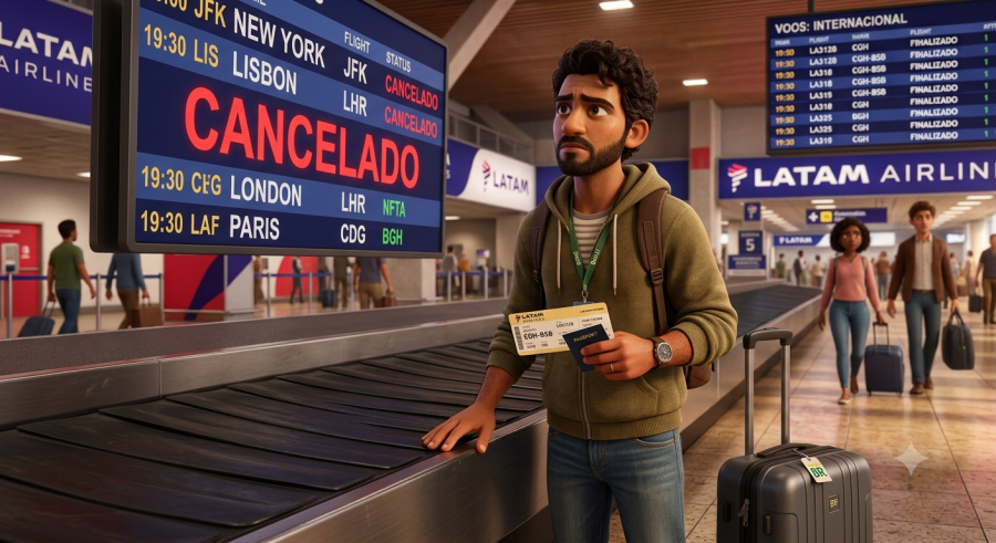 Passageiro com bagagem vendo painel de voo internacional cancelado no aeroporto
