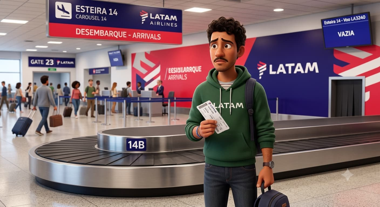 Passageiro aguardando bagagem extraviada LATAM no aeroporto