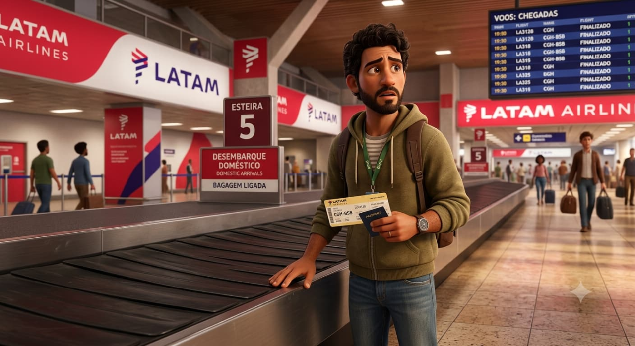 Passageiro aguardando bagagem extraviada LATAM no aeroporto